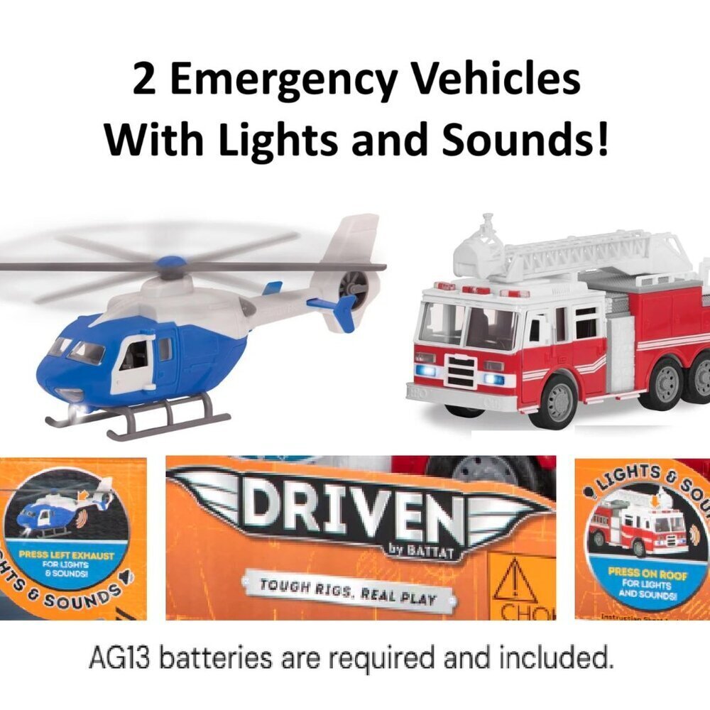 Driven Micro Rescue Fleet Kids Toy Fire Truck and Helicopter Set - Red and Blue